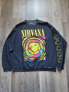 Nirvana Oversized Graphic Crewneck Sweatshirt S/M Gray Neon Tie Dye Smiley Face